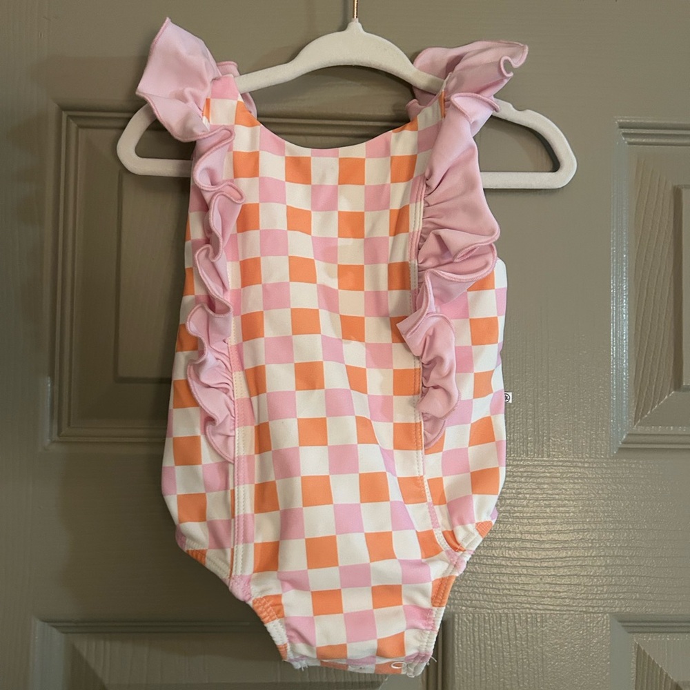 Caden Lane Pink and Orange Checkered Swimsuit